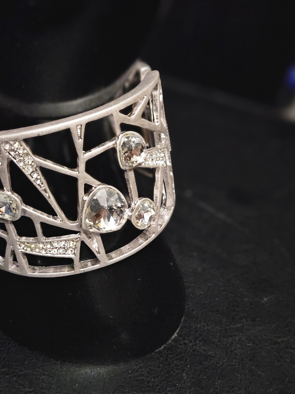 Source Unknown Silver Openwork Cuff Bracelet with Clear Crystal Accents